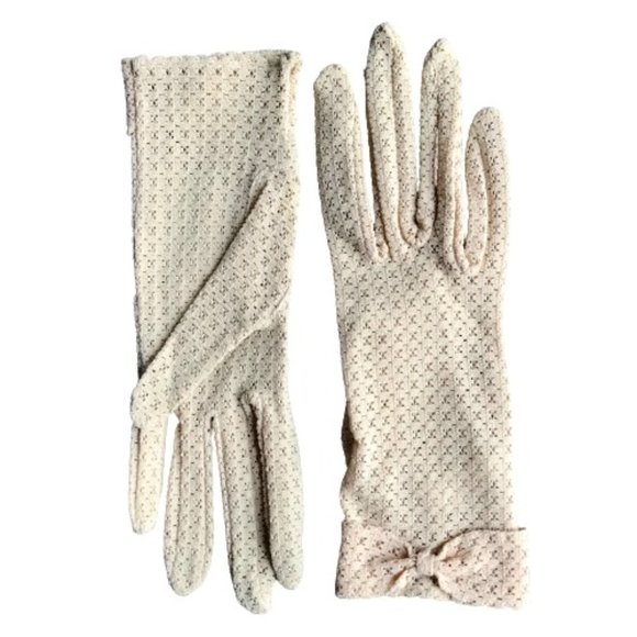 Vintage Beige Stretch Mesh Bow Detail Gloves Women - Picture 1 of 5